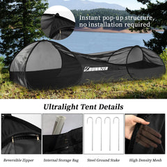 L RUNNZER One Person Tent with high-density mesh for ventilation and bug protection.