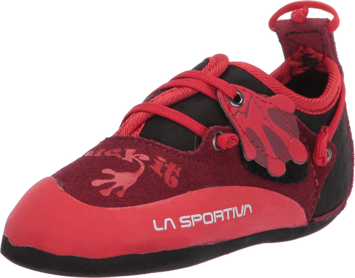 La Sportiva Kids Stickit climbing shoe on indoor wall providing flexible grip for young climbers