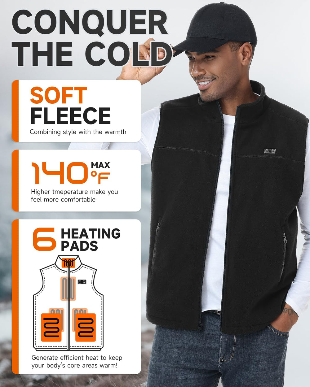LABCOOL heated vest back view shows extended warmth along the spine for all-day comfort.