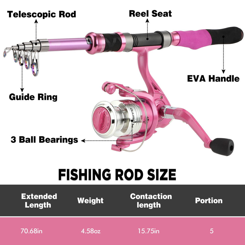 Extended pink telescopic fishing rod with reel for women