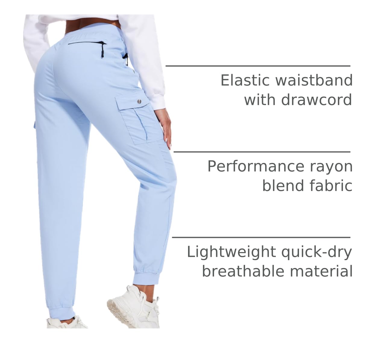 LadyJoy Petite cargo pants blue back pocket provides discreet secure space for valuables.