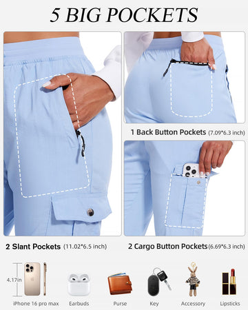 LadyJoy Petite cargo pants blue full view on model for everyday casual wear.