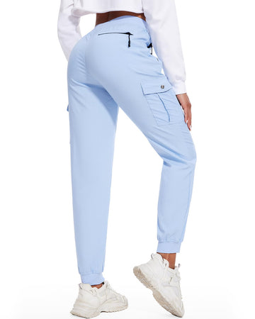 LadyJoy Petite cargo pants blue side pockets secure storage for essentials during travel.