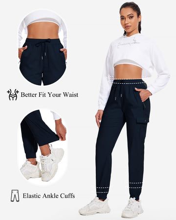LadyJoy Petite Cargo Pants navy in-motion—lightweight breathable performance outdoors.
