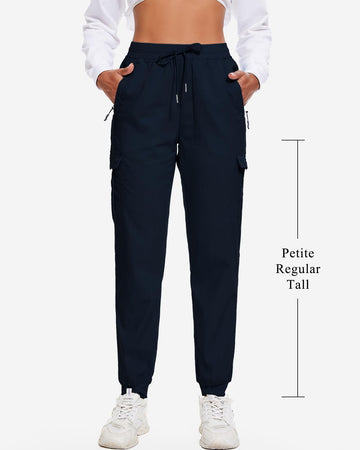 LadyJoy Petite Cargo Pants navy waistband detail—adjustable fit with drawcord.
