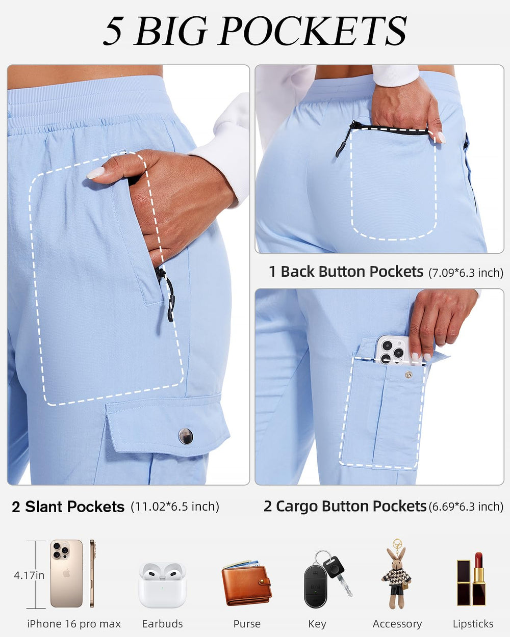 LadyJoy outdoor-ready blue pants ideal for travel, hiking, golf and daily wear.