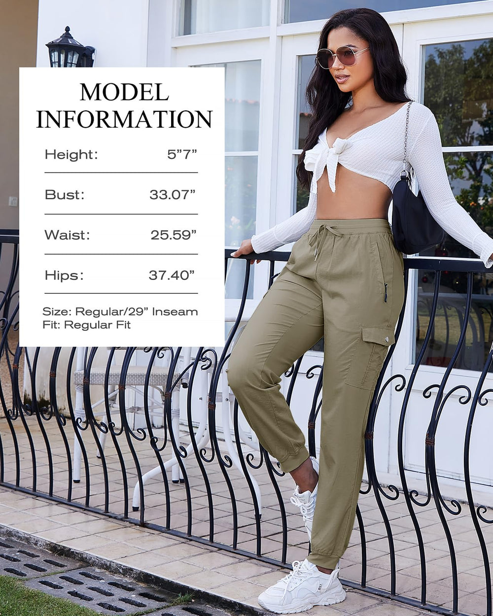 LadyJoy cargo pants pocket layout with zip and cargo pockets for essentials on the go