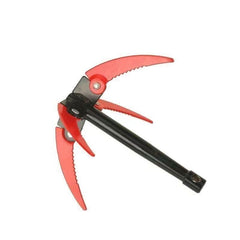 Close-up of sturdy metal grappling hook and handle