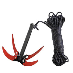 Grappling hook survival tool with four red-coated prongs and rope