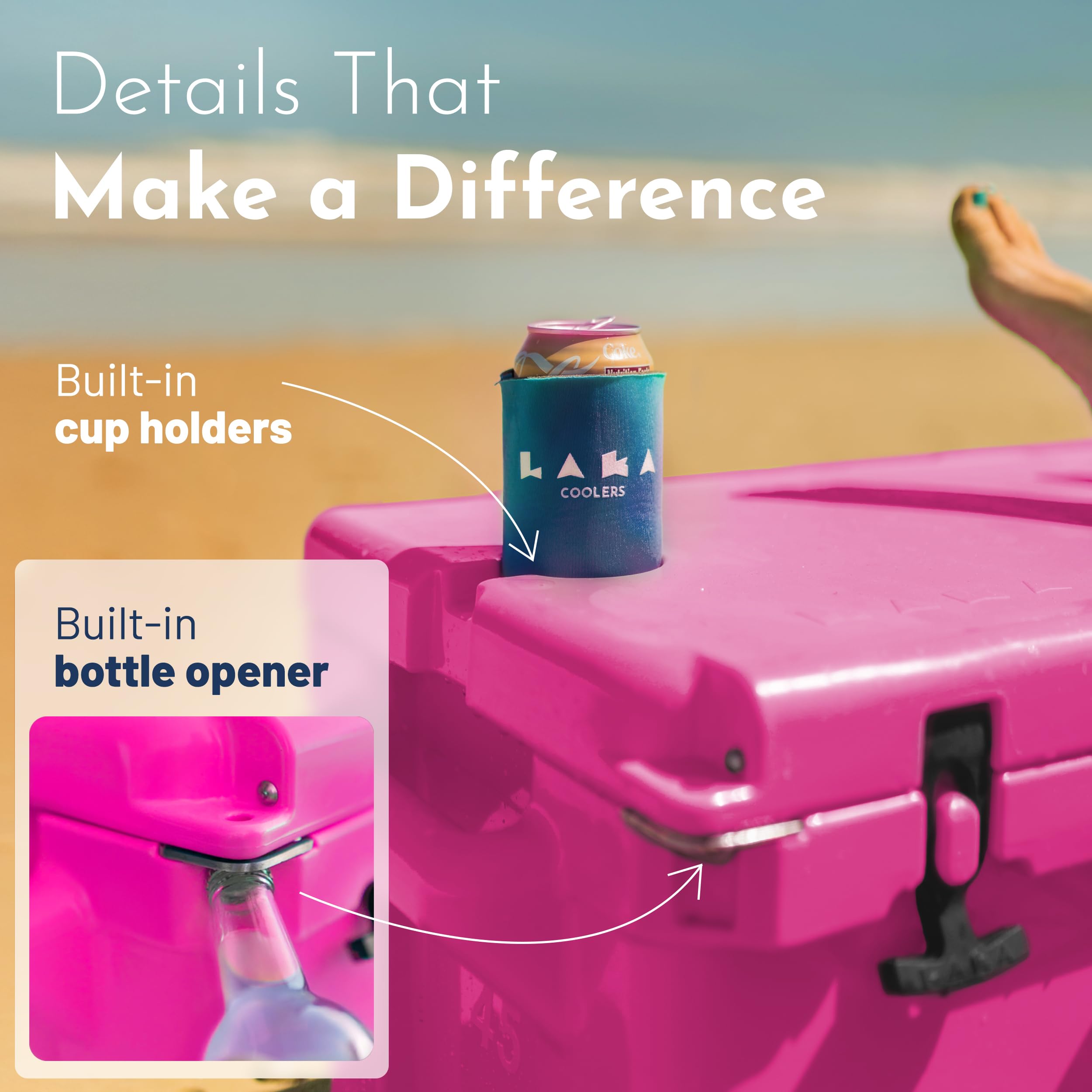 LAKA non-slip feet stabilizing the cooler on sand or deck.