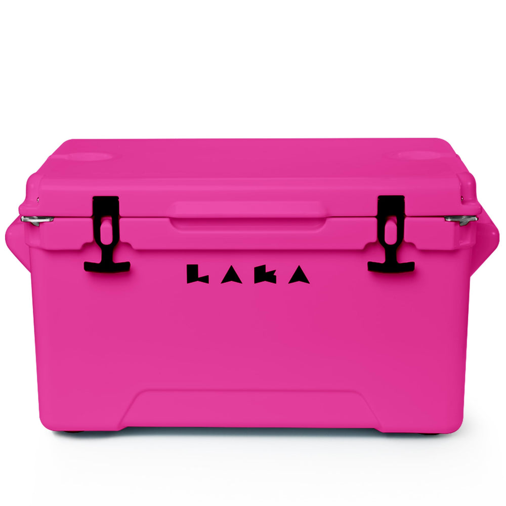 LAKA pink rotomolded exterior cooler, rugged for beach and boat trips.