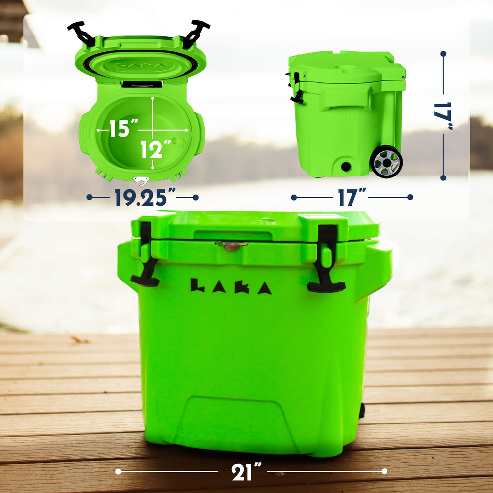 Lime green LAKA cooler close-up highlights sturdy construction and grip