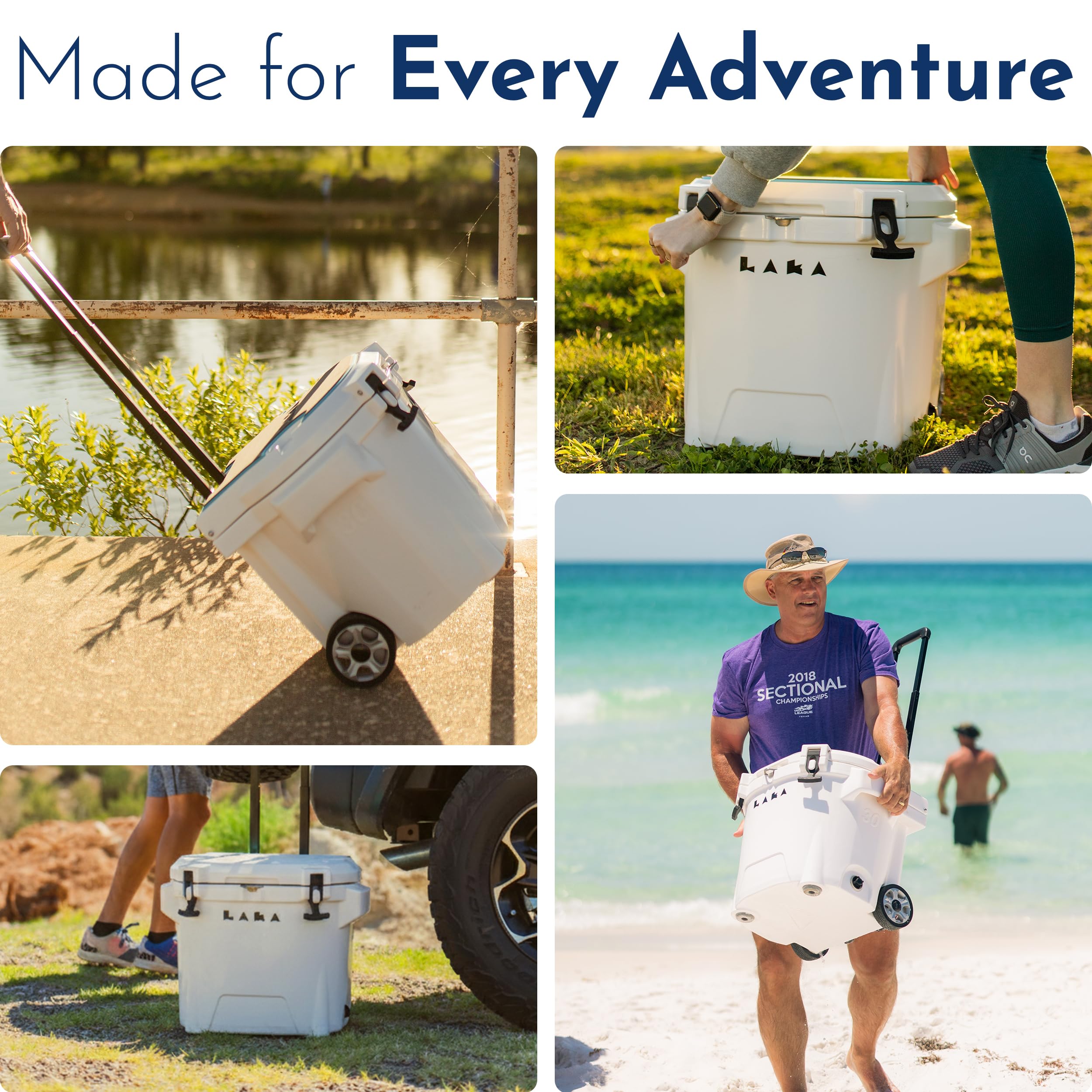 Laka cooler wheels rolling smoothly on sand and pavement