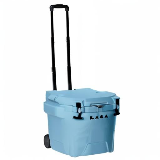 LAKA blue cooler with wheels, rugged outdoor companion.