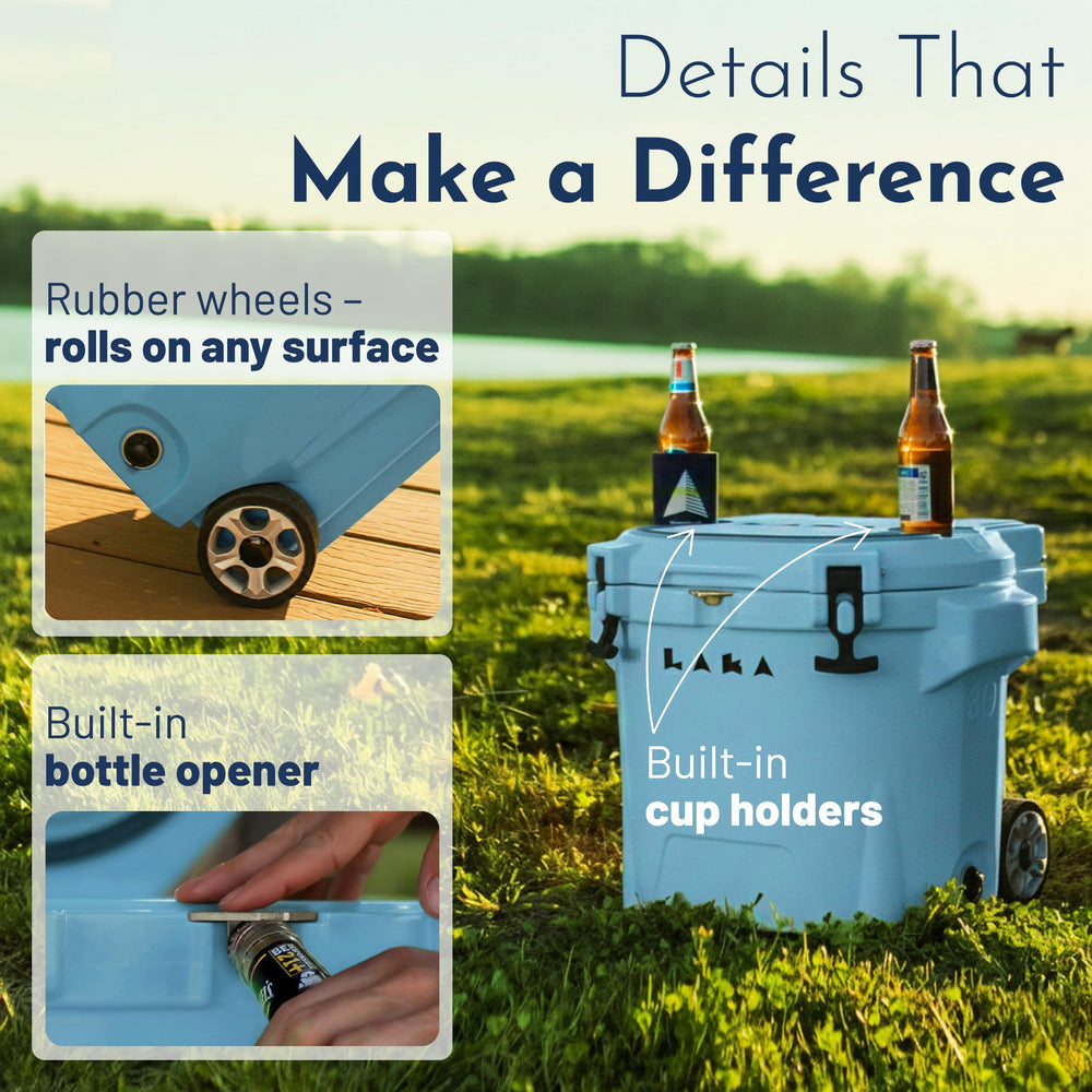 LAKA cooler top with cup holders for easy on-the-go drinks.