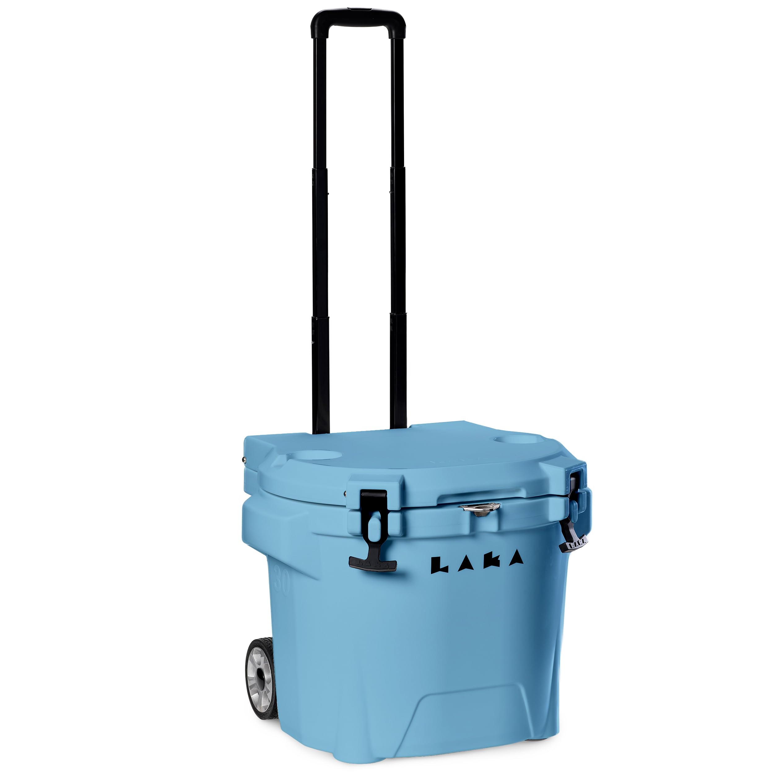 LAKA 30QT cooler with wheels, front view, rugged beach-ready transport.