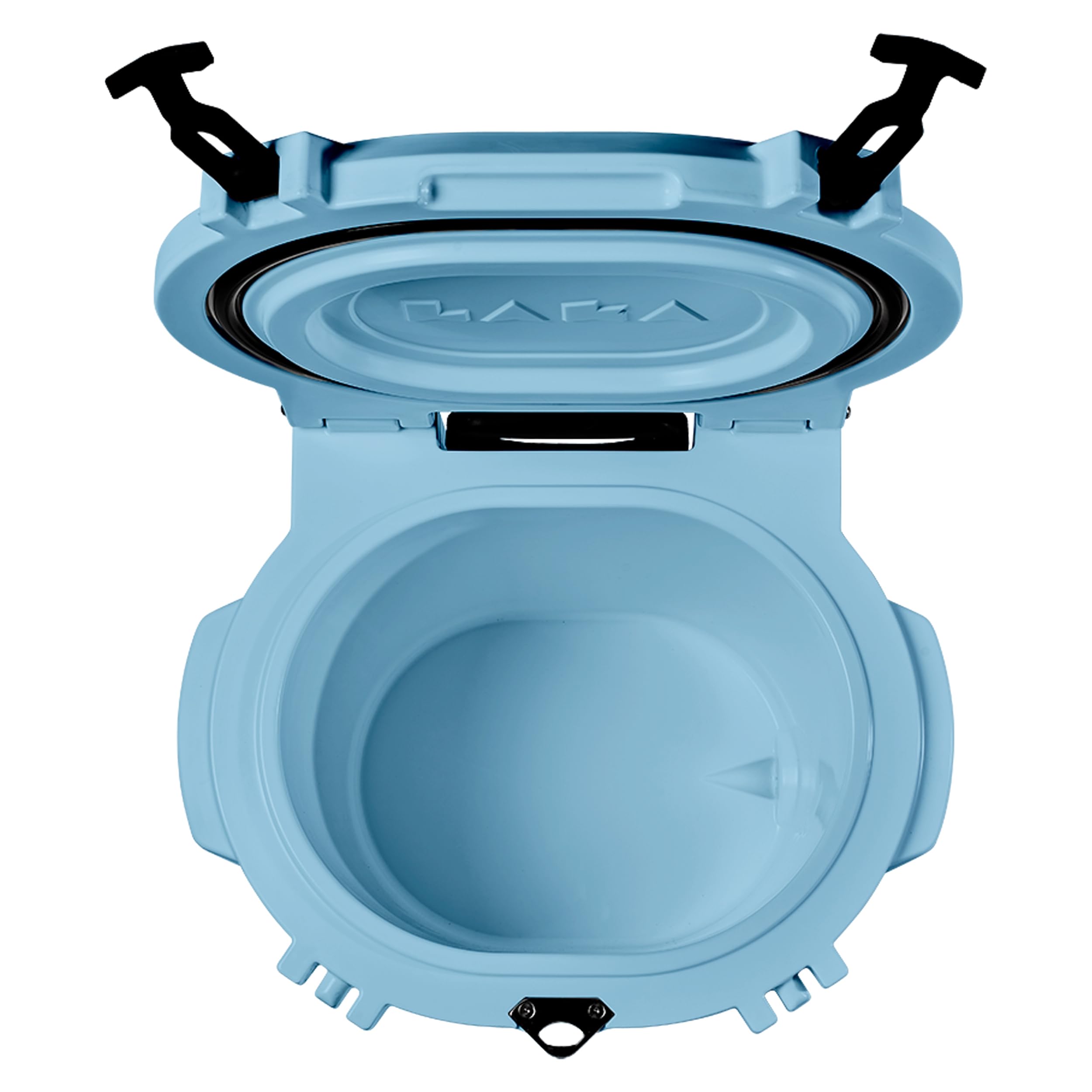LAKA cooler with wheels, lid open, quick access to chilled beverages.