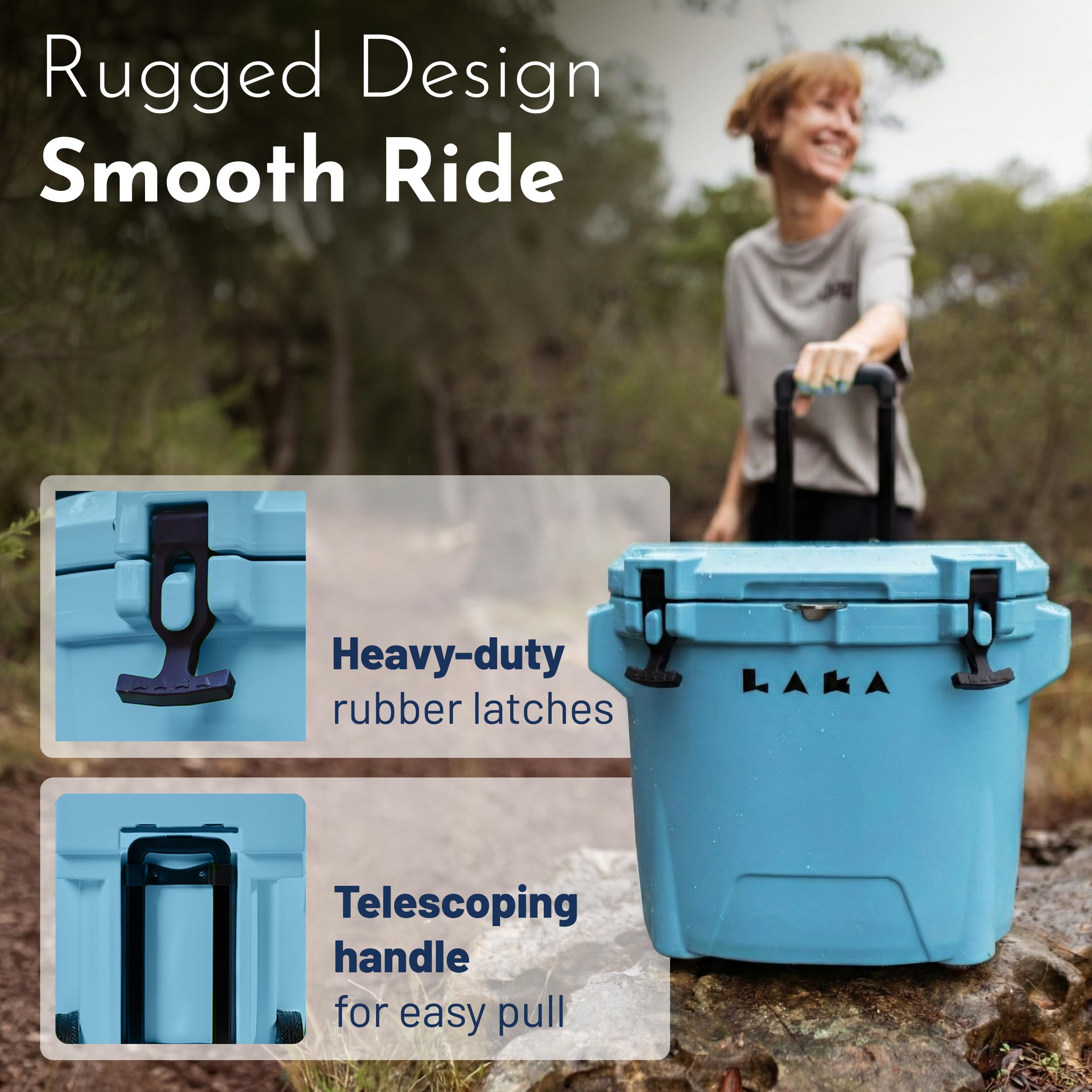LAKA cooler on sand, wheels rolling steady on beaches.