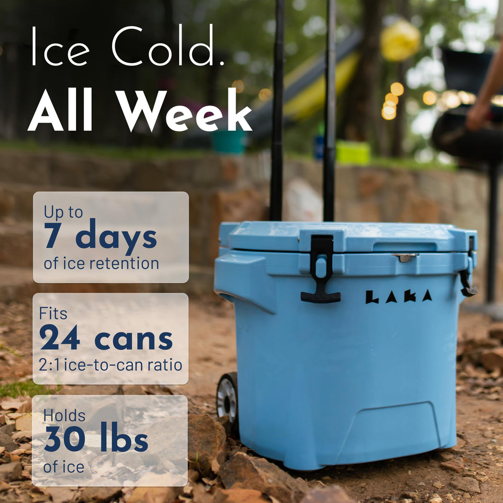LAKA cooler with wheels, telescoping handle extended, smooth transport.