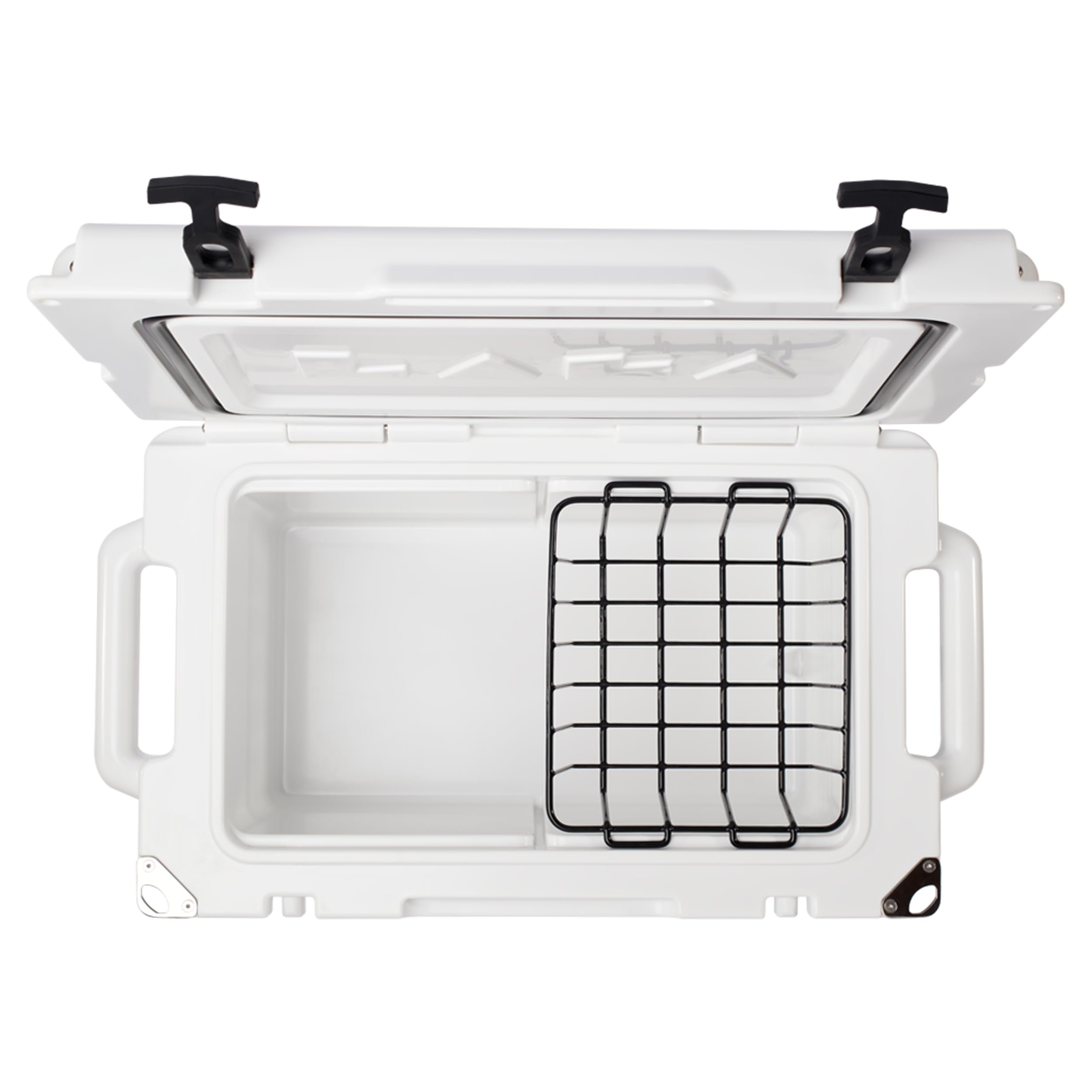 Laka 45 Qt cooler white with lid open, keeps drinks cold for long days