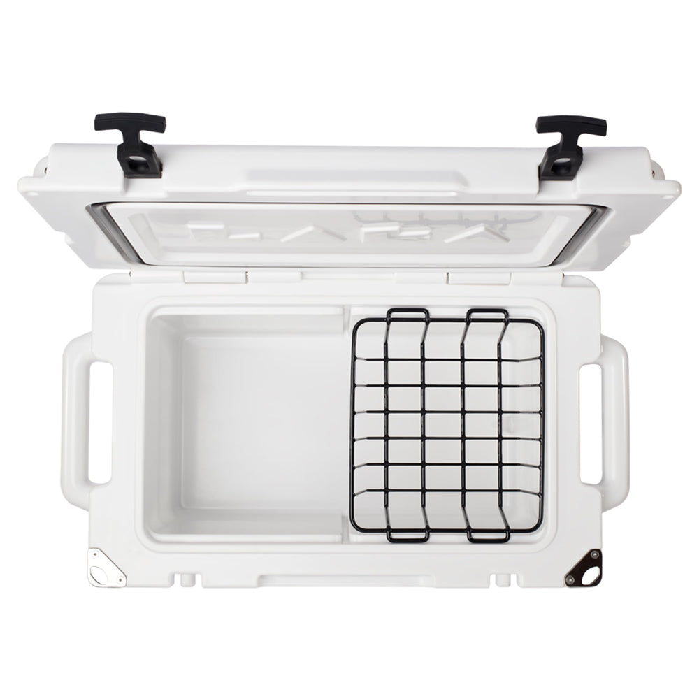Laka 45 Qt cooler white with lid open, keeps drinks cold for long days