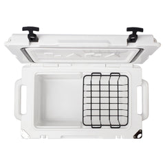 Laka 45 Qt cooler white with lid open, keeps drinks cold for long days