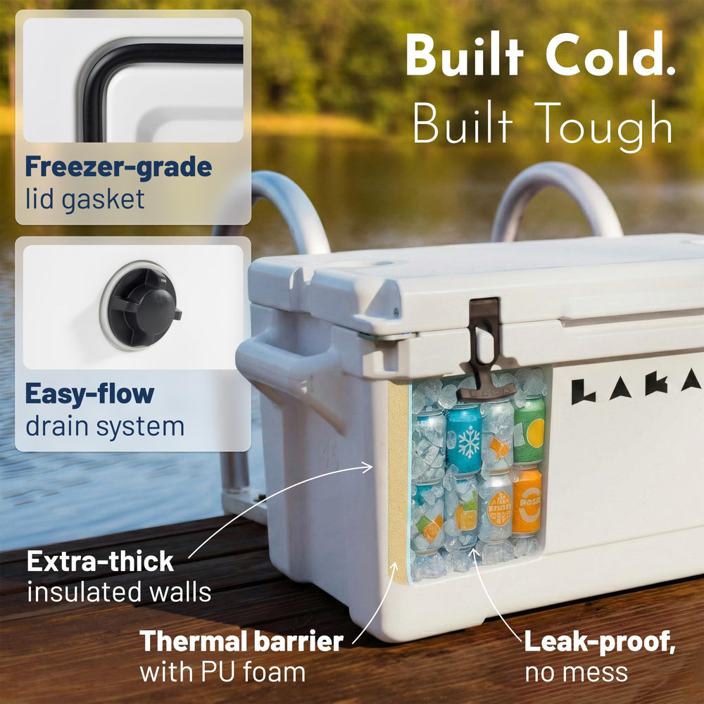 Laka 45 Qt cooler white side handles and non-slip feet for stability