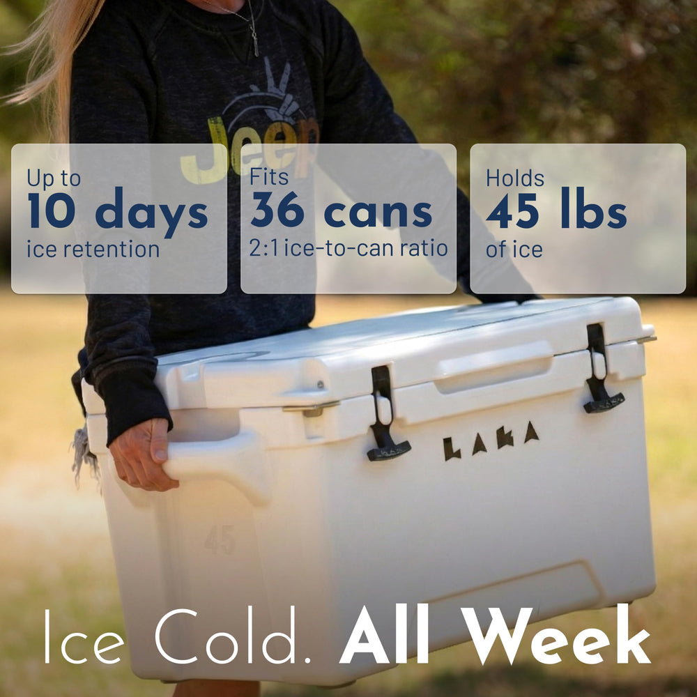 Laka 45 Qt cooler white side view, rotomolded for rugged outdoor use