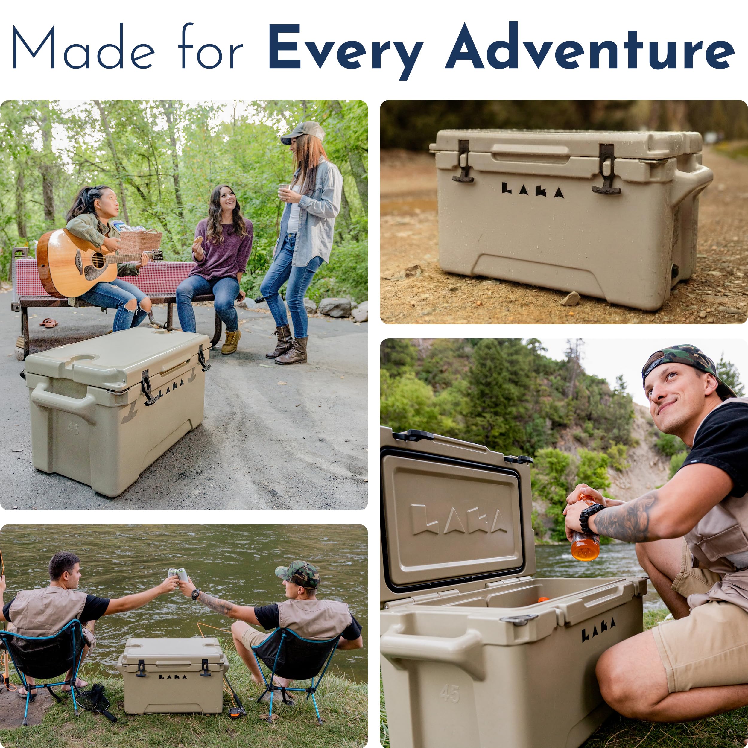 LAKA 45 Qt tan cooler used outdoors at the beach