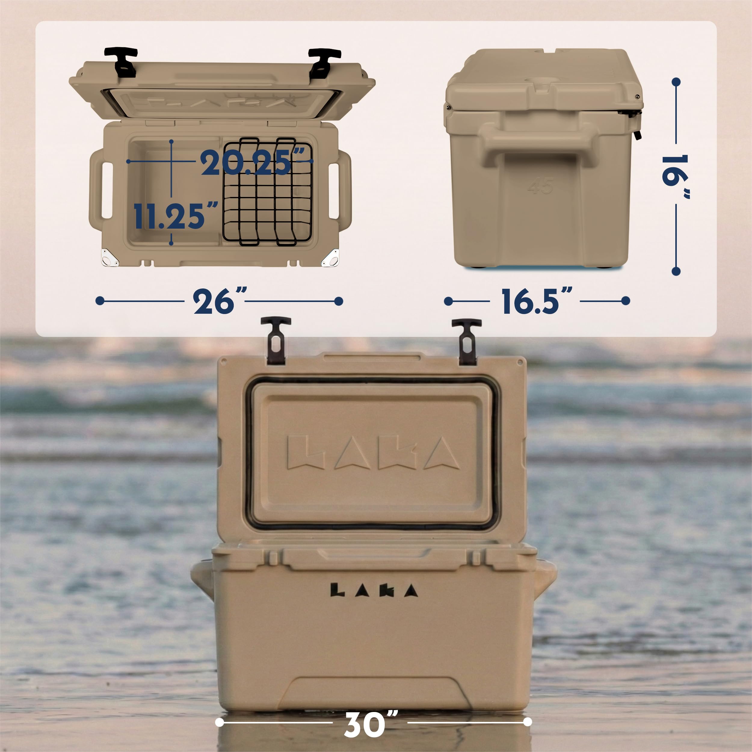 LAKA 45 Qt tan cooler with built‑in bottle opener and cup holders