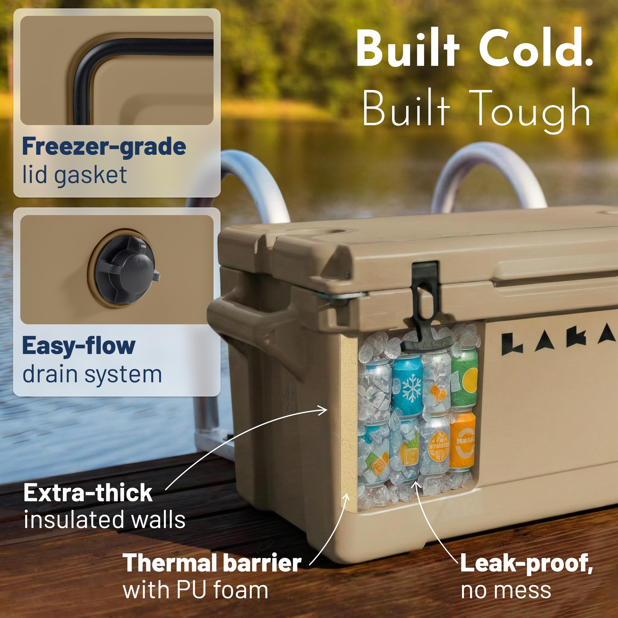 LAKA 45 Qt tan cooler drain plug in use for quick cleanup