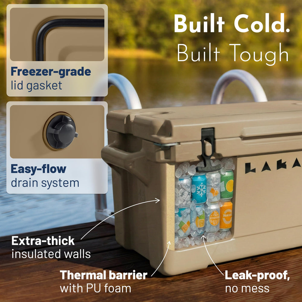 LAKA 45 Qt tan cooler drain plug in use for quick cleanup