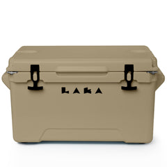 LAKA 45 Qt tan cooler front view showing cooling potential for beach trips