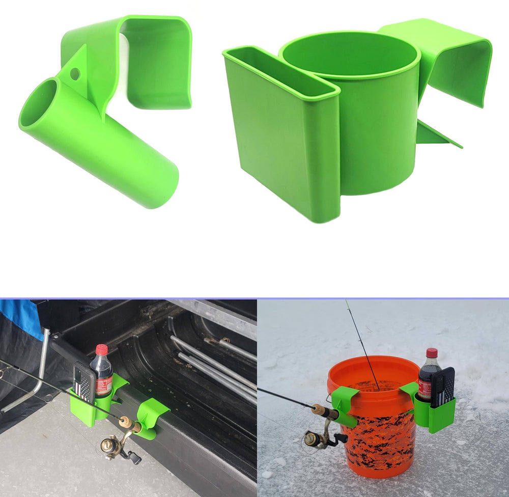 Lakco Bright Green Fishing Rod and Phone/Drink Holder attached to a sled