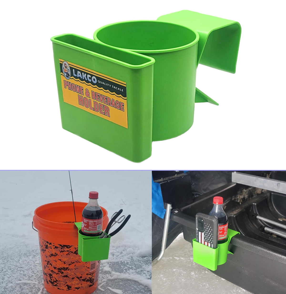 Lakco Ice House Sled & Bucket Holder mounted on a fishing sled holding a phone and drink