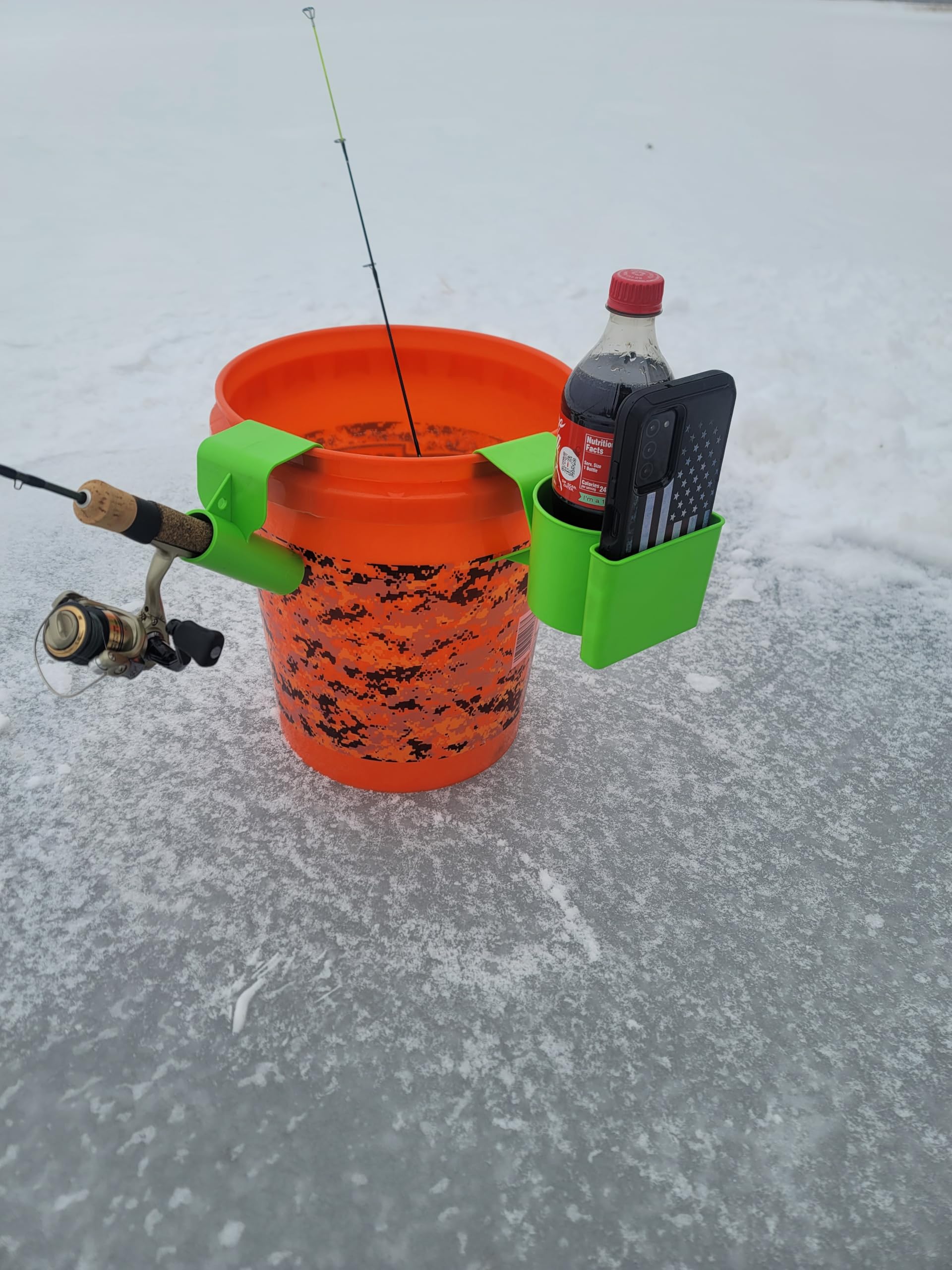 In-use Lakco Sled & Bucket Rod Holder with fishing rod