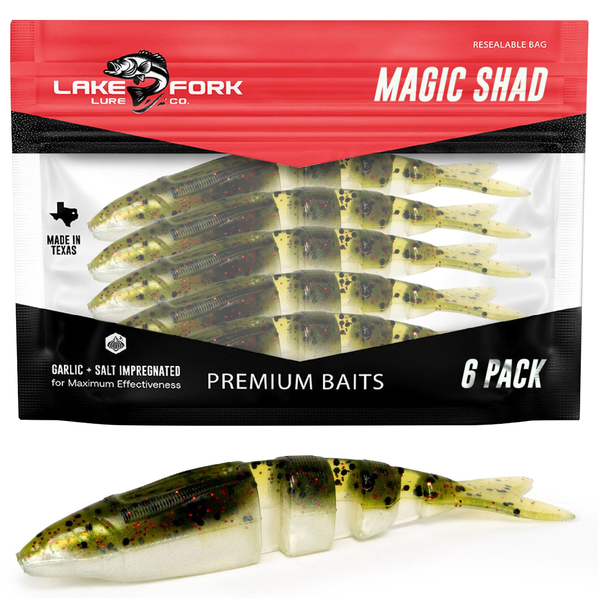 Lake Fork Live Magic Shad Watermelon Red Pearl packaging attracts bass.
