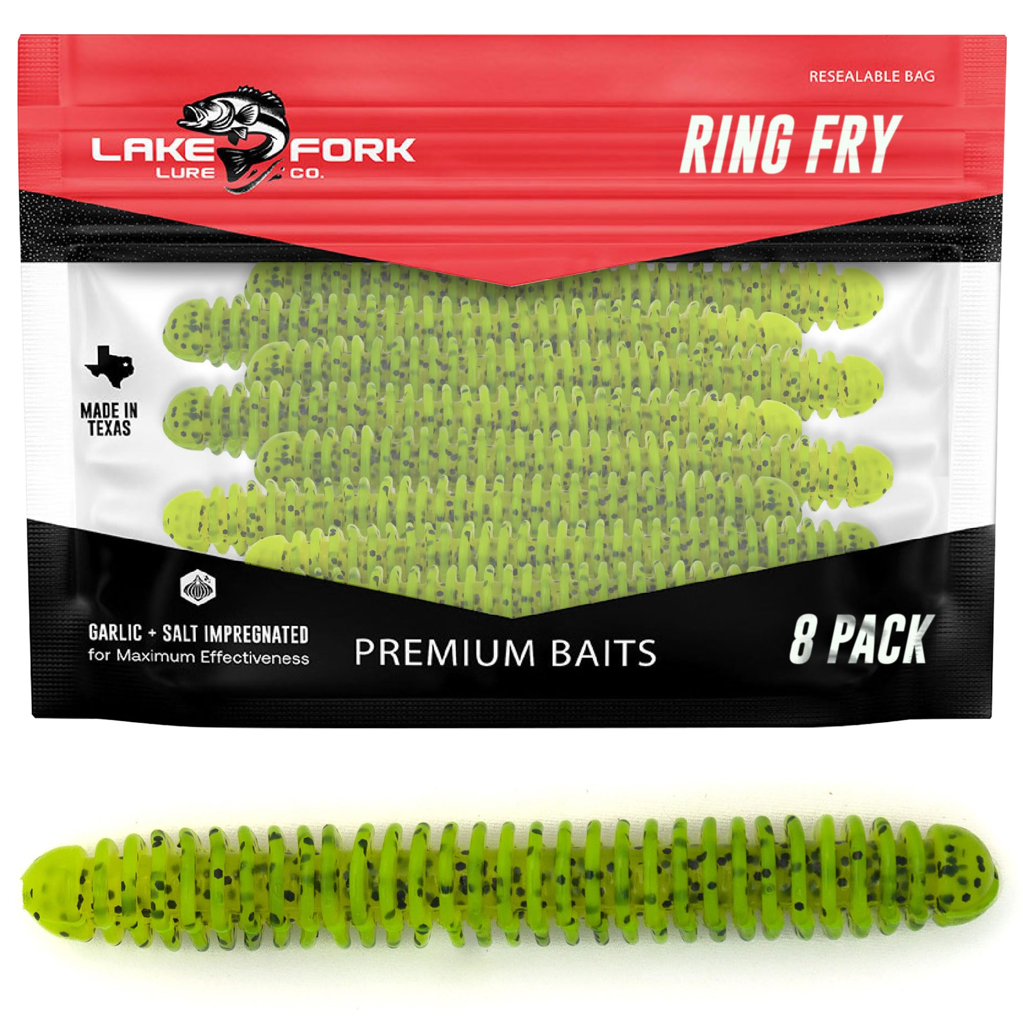 Lake Fork Ring Fry 4-Inch Chartreuse Pepper package front view boosts bass appeal