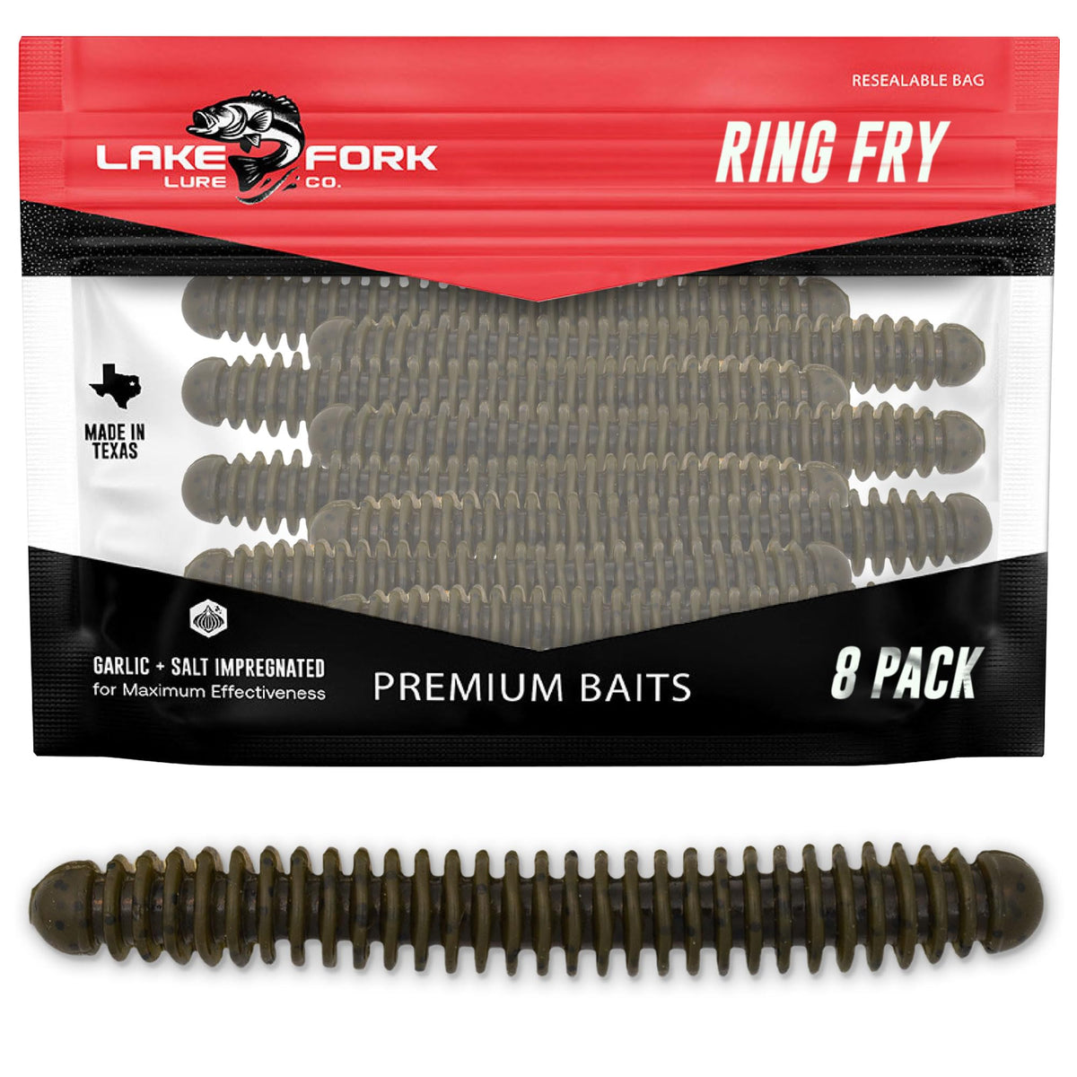 Lake Fork Ring Fry Green Pumpkin 4in close-up highlights ribbed body and breathing action