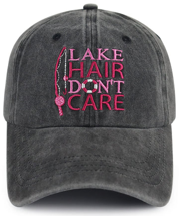 Embroidered 'Lake Hair Don’t Care' front view on women’s sun hat
