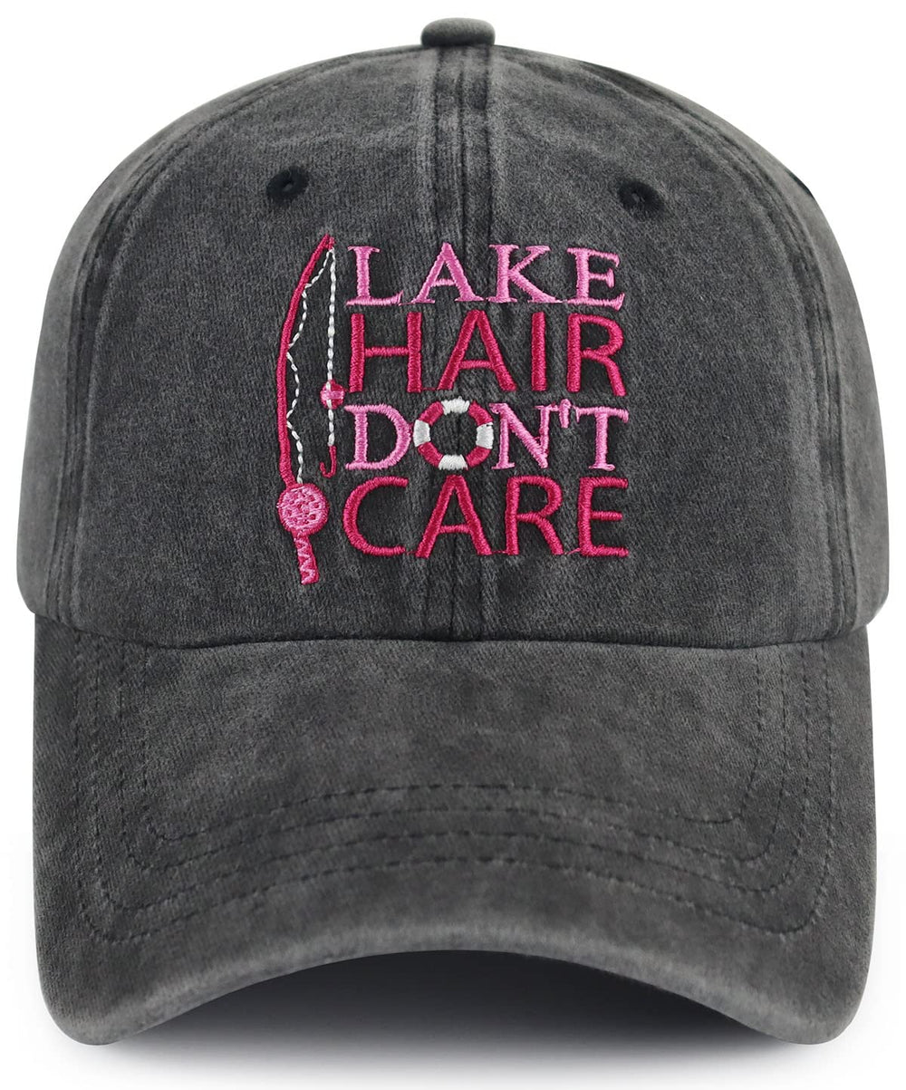Embroidered 'Lake Hair Don’t Care' front view on women’s sun hat