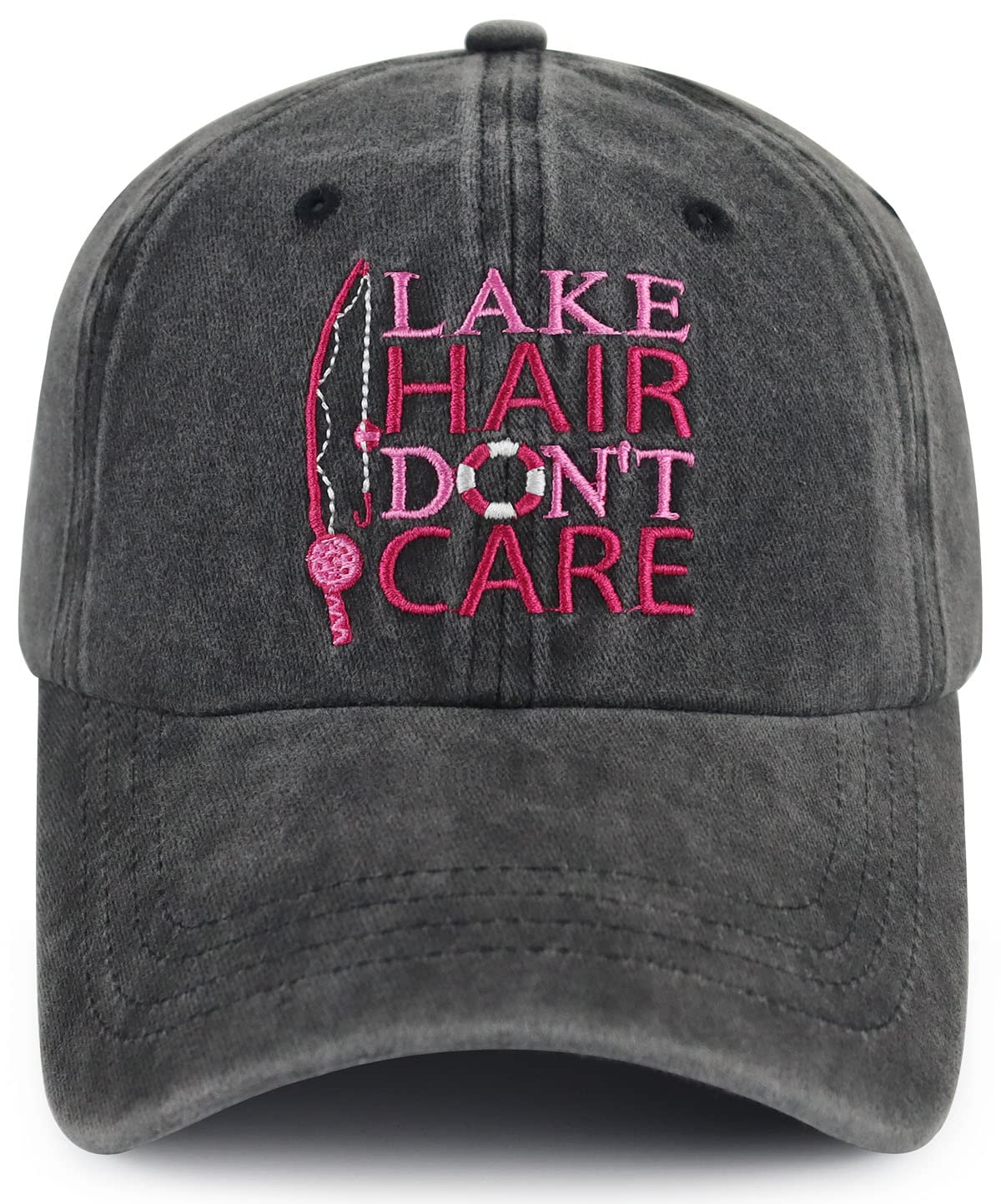 Embroidered 'Lake Hair Don’t Care' front view on women’s sun hat