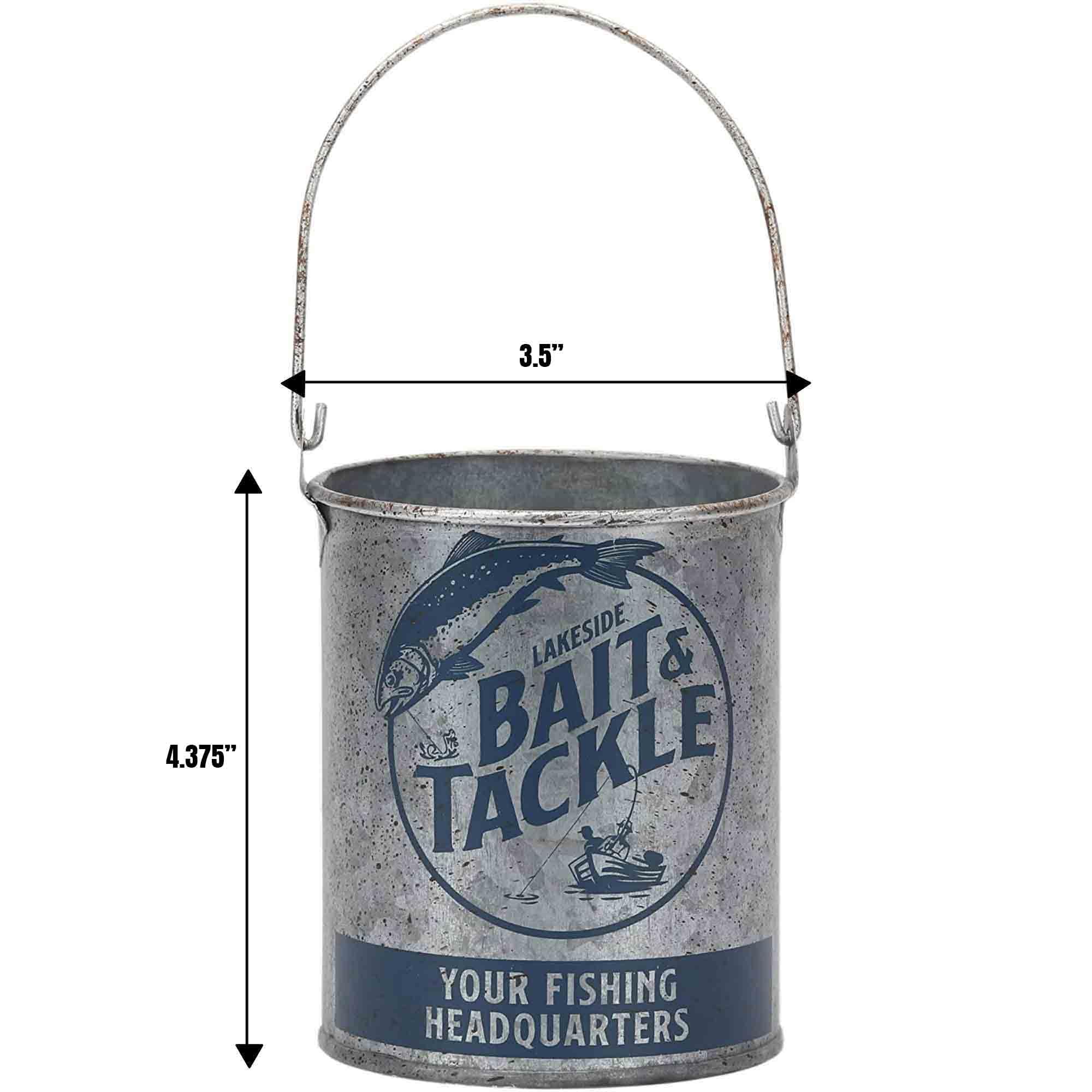 Close-up of the metal Lakeside Bait and Tackle decorative bucket