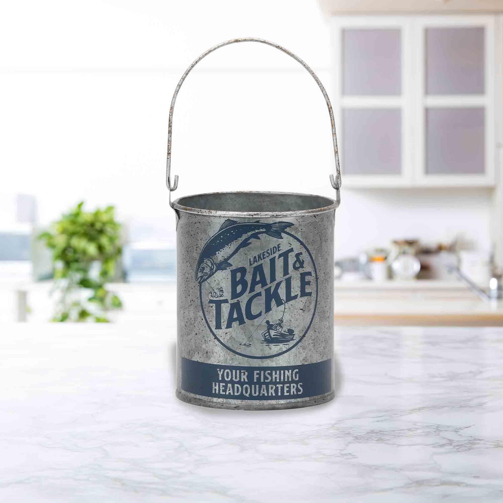 Side angle of vintage-style Lakeside Bait and Tackle bucket