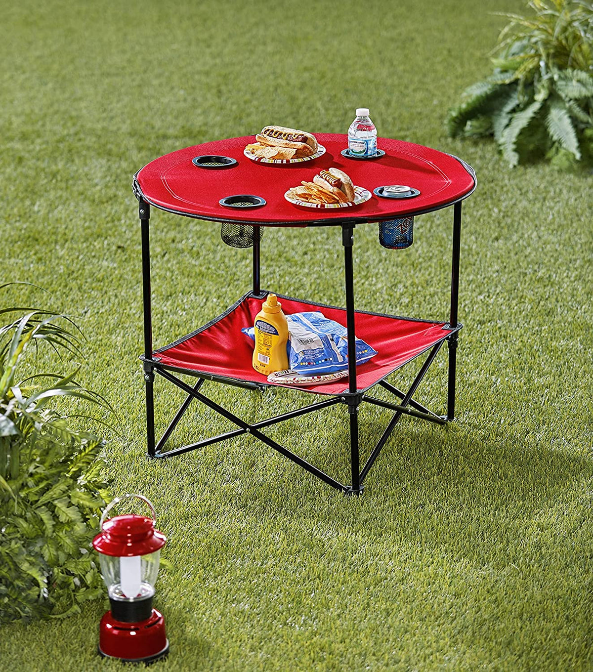 The Lakeside Collection portable folding picnic table red top for easy outdoor dining.