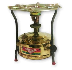 Lalit Kishori traditional brass kerosene stove in a vintage outdoor camping setting.
