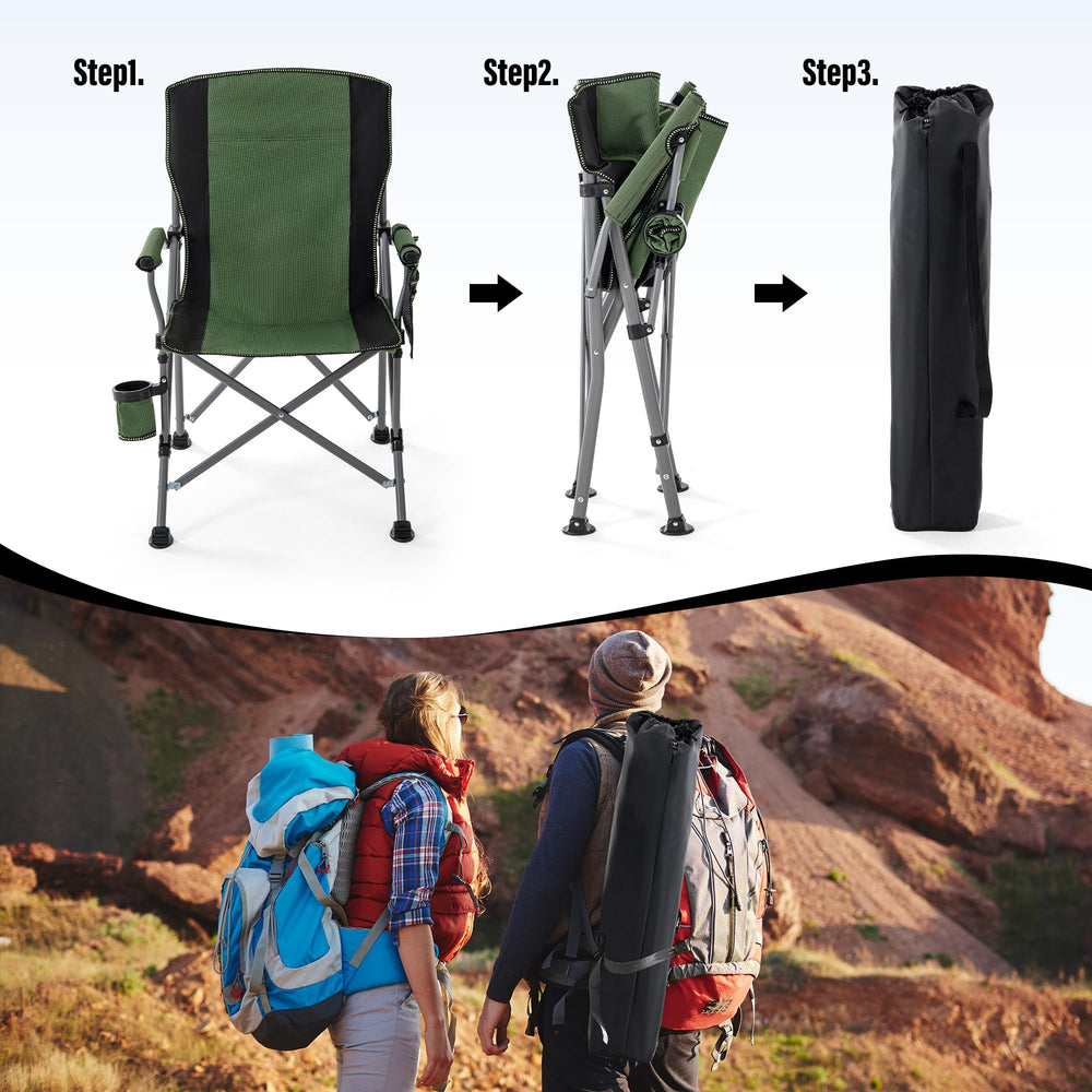 Lamberia camping chair shows cup holder and side pocket for essentials.