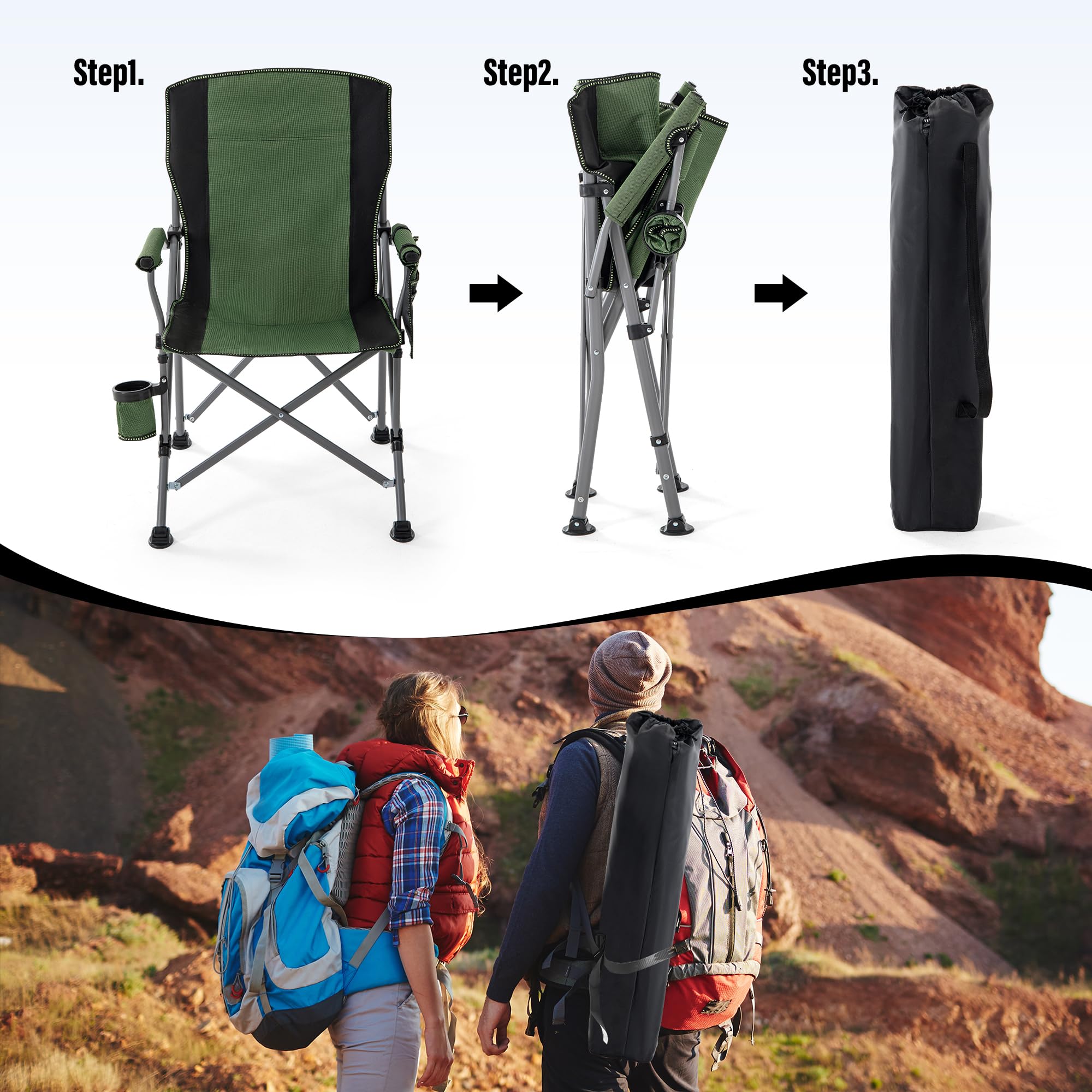 Lamberia camping chair shows cup holder and side pocket for essentials.