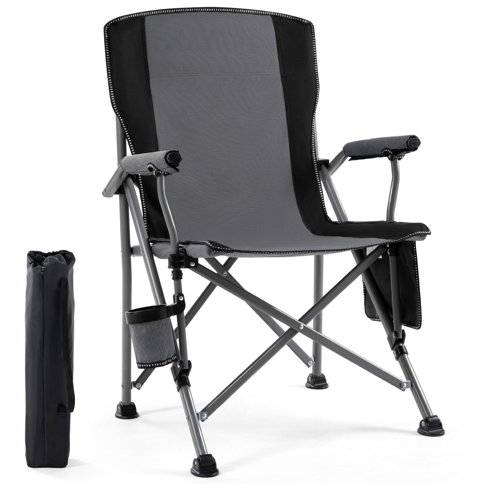 Lamberia camping chair folded gray demonstrates compact portability for travel and storage.