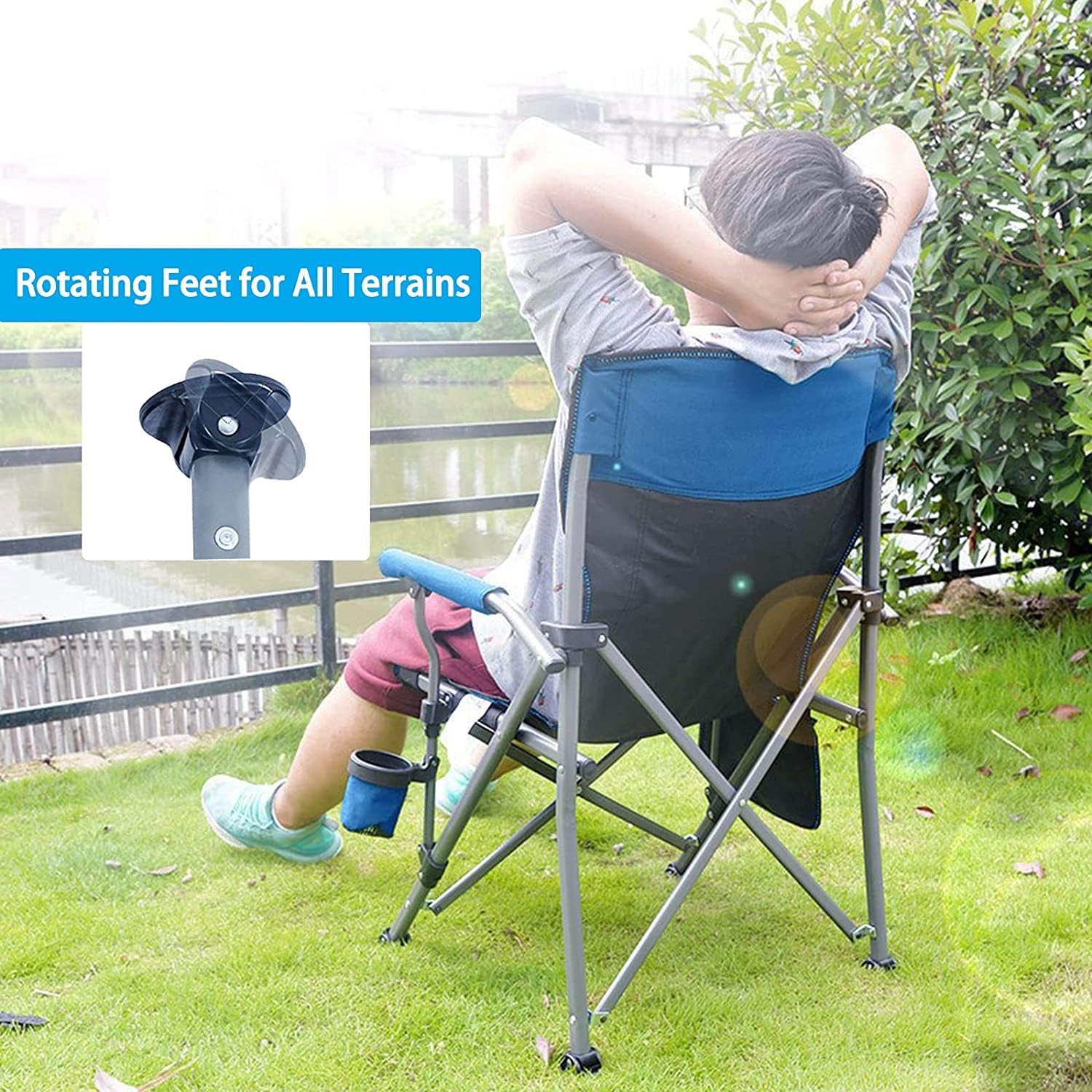 Lamberia camping chair outdoor use gray shown beside a scenic landscape for versatility.